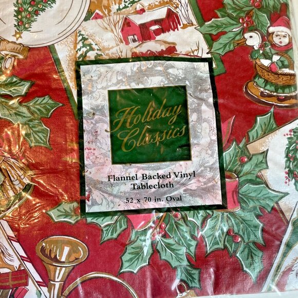 VTG Holiday Classics Vinyl Tablecloth Flannel Backed 52x70" Oval Christmas NOS - Picture 2 of 4
